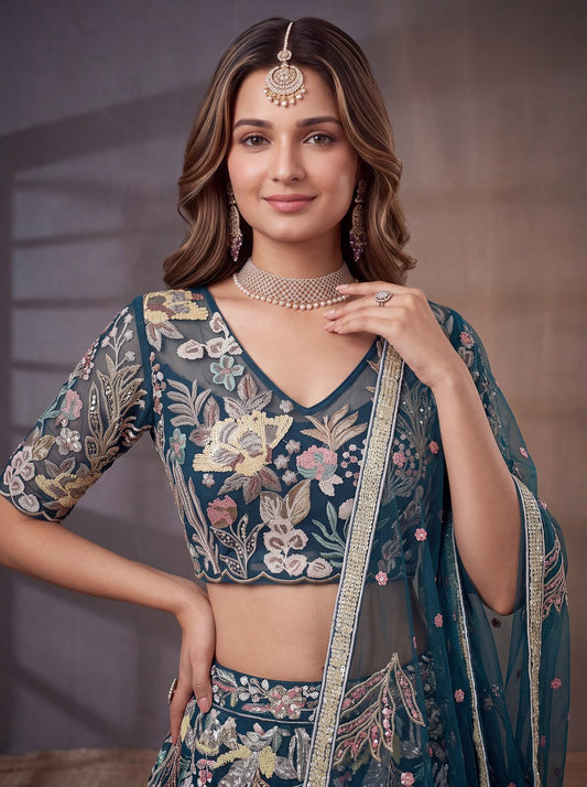 Midnight Blue Botanical Fantasy Embroidered Lehenga Choli