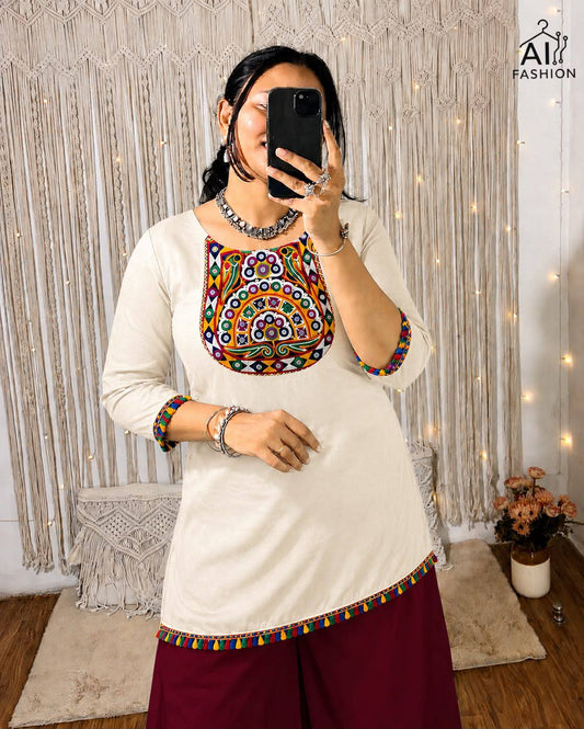Multicolor Gamthi Embroidered Short Kurti with Real Mirror Work