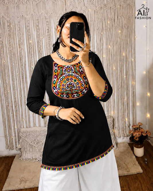 Multicolor Gamthi Embroidered Short Kurti with Real Mirror Work