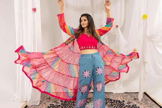 Multicolor Kutchi Gamthi Patchwork Shrug with Embroidered Mirror Work Jeans