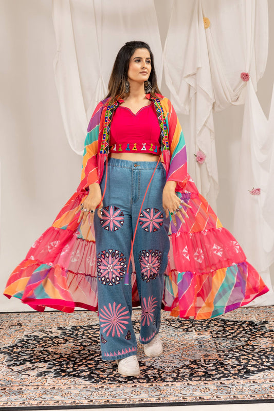 Multicolor Kutchi Gamthi Patchwork Shrug with Embroidered Mirror Work Jeans