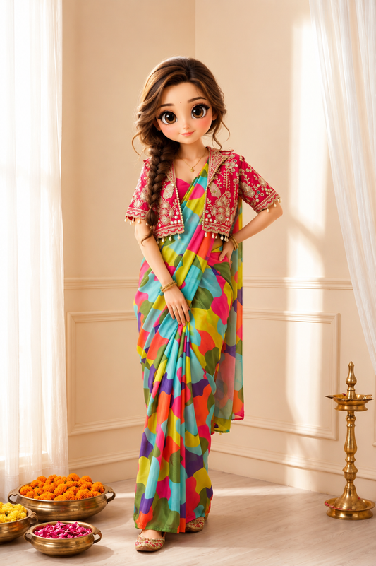 Multicolor Pre-Draped Digital Print Saree with Red Embroidered Jacket