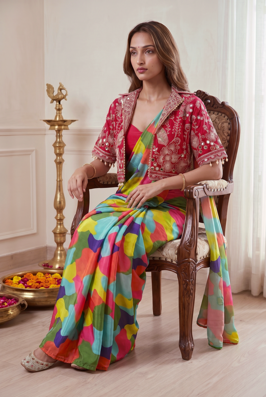 Multicolor Pre-Draped Digital Print Saree with Red Embroidered Jacket