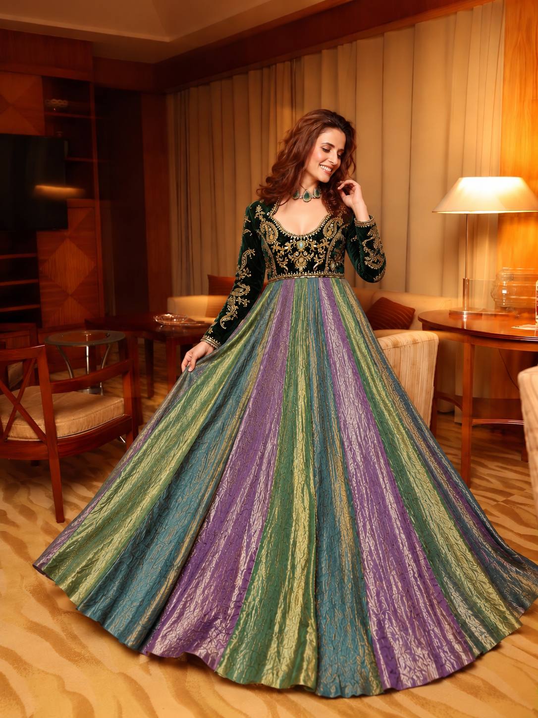 Multicolour Panel Gown with Dark Green Embroidered Bodice & Matching Dupatta