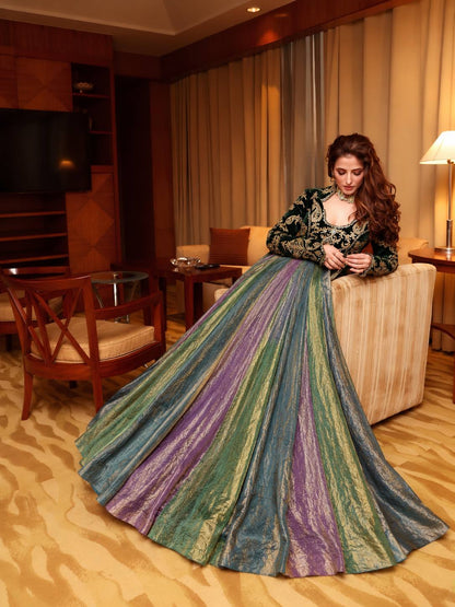 Multicolour Panel Gown with Dark Green Embroidered Bodice & Matching Dupatta