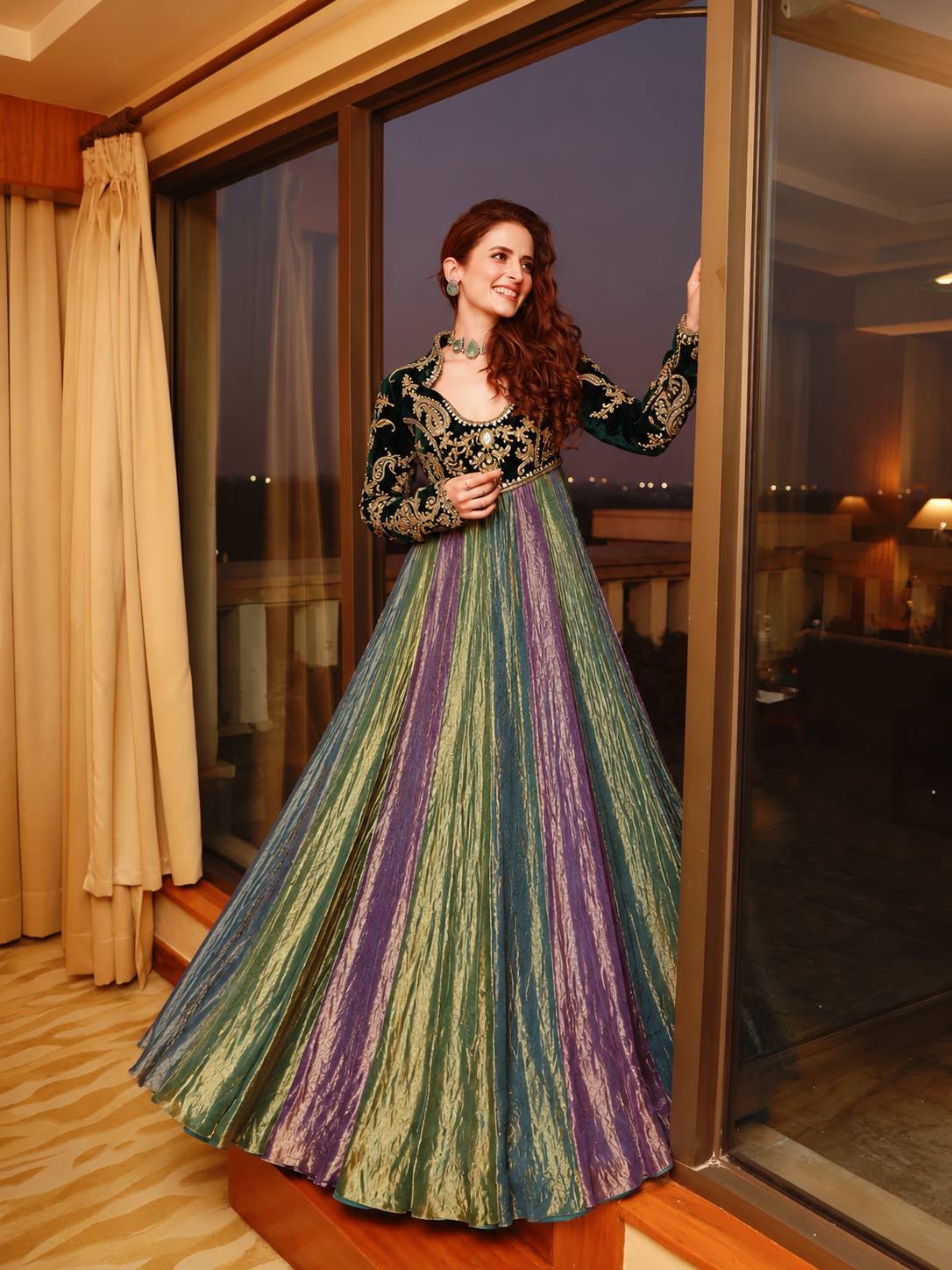 Multicolour Panel Gown with Dark Green Embroidered Bodice & Matching Dupatta