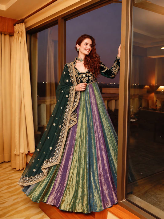 Multicolour Panel Gown with Dark Green Embroidered Bodice & Matching Dupatta