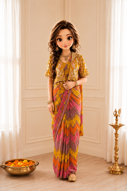 Mustard Multicolor Pre-Draped Printed Saree with Embroidered Jacket
