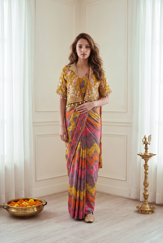Mustard Multicolor Pre-Draped Printed Saree with Embroidered Jacket