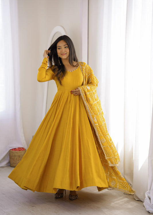 Mustard Yellow Pure Roman Silk Chanderi Anarkali Gown with Embroidered Dupatta