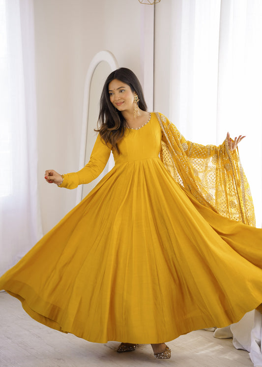 Mustard Yellow Pure Roman Silk Chanderi Anarkali Gown with Embroidered Dupatta
