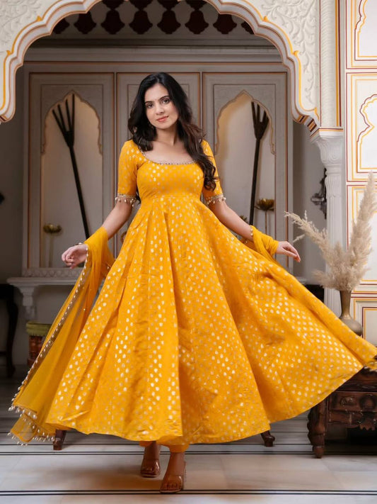 Mustard Yellow Chanderi Jacquard Anarkali Suit with Dupatta