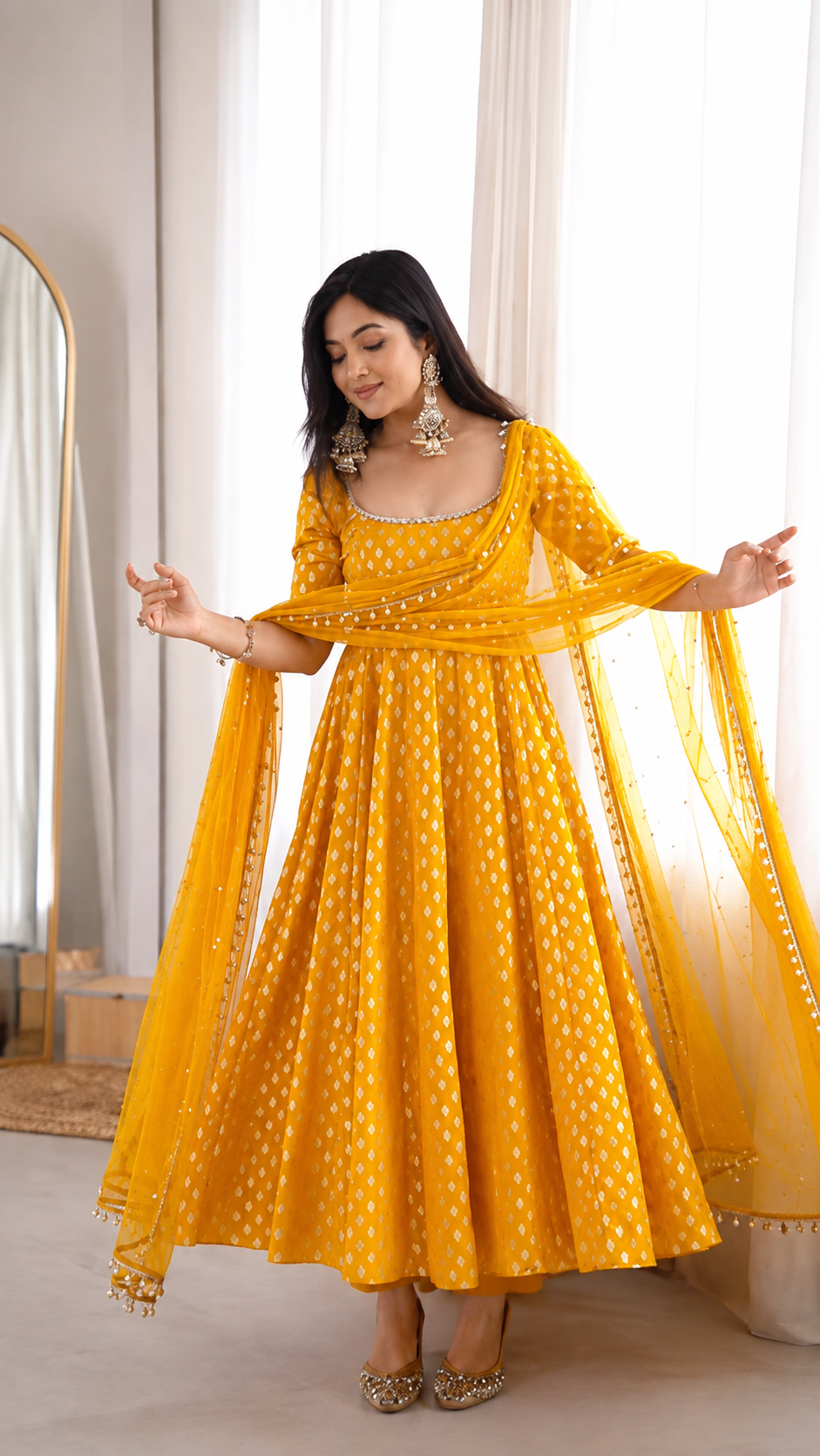 Mustard Yellow Chanderi Jacquard Anarkali Suit with Dupatta