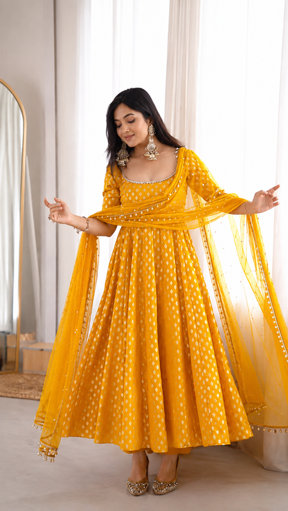 Mustard Yellow Chanderi Jacquard Anarkali Suit with Dupatta