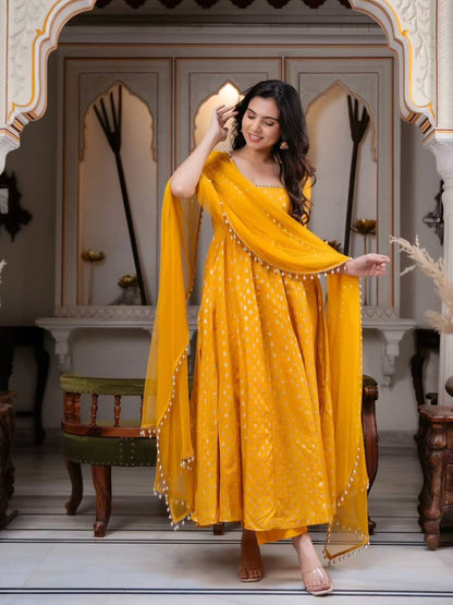 Mustard Yellow Chanderi Jacquard Anarkali Suit with Dupatta