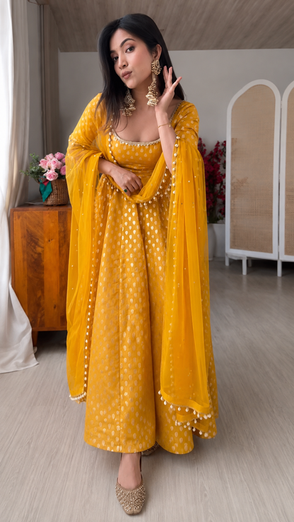Mustard Yellow Chanderi Jacquard Anarkali Suit with Dupatta