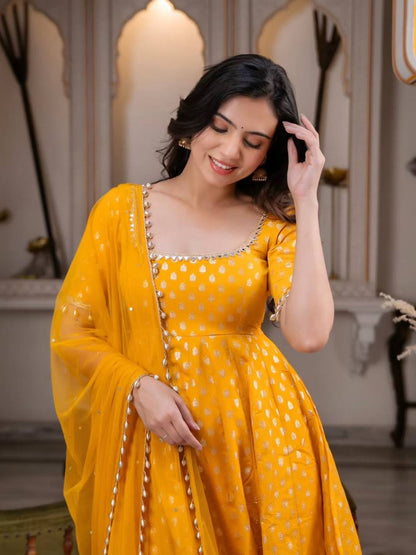 Mustard Yellow Chanderi Jacquard Anarkali Suit with Dupatta