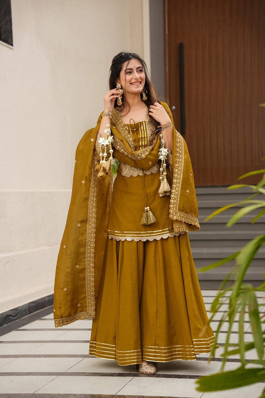 Mustard Yellow Embroidered Sharara Suit with Gota Work & Designer Dupatta
