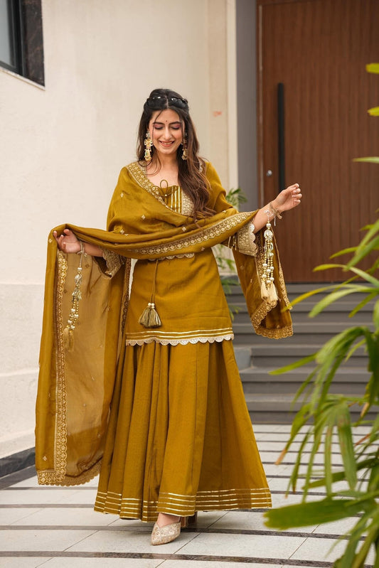 Mustard Yellow Embroidered Sharara Suit with Gota Work & Designer Dupatta