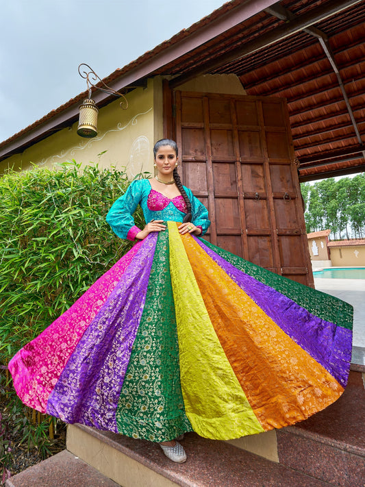 Rainbow Panel Anarkali Gown with Gold Weaving for Navratri & Garba