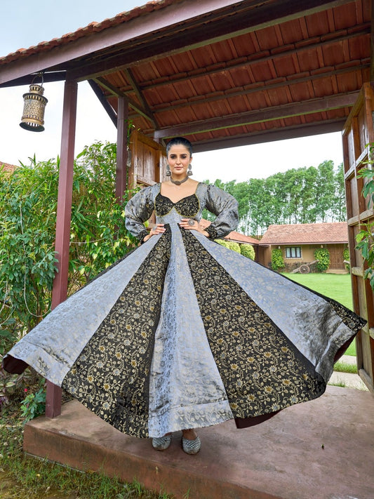 Royal Black Jacquard Anarkali Gown with Gold Floral Weaving