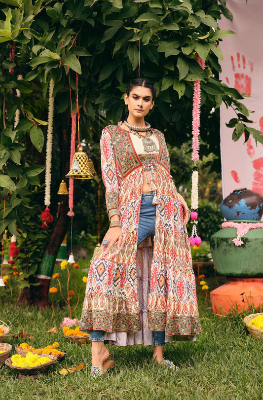 Navratri Special Multicolor Printed Embroidered Shrug with Crop Top