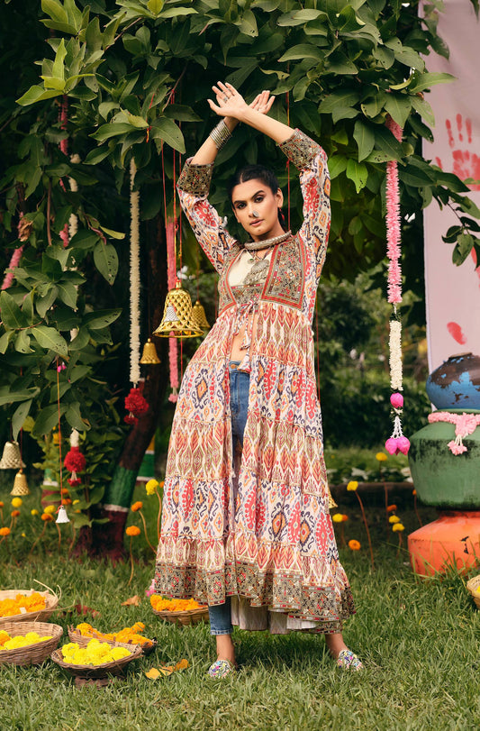 Navratri Special Multicolor Printed Embroidered Shrug with Crop Top