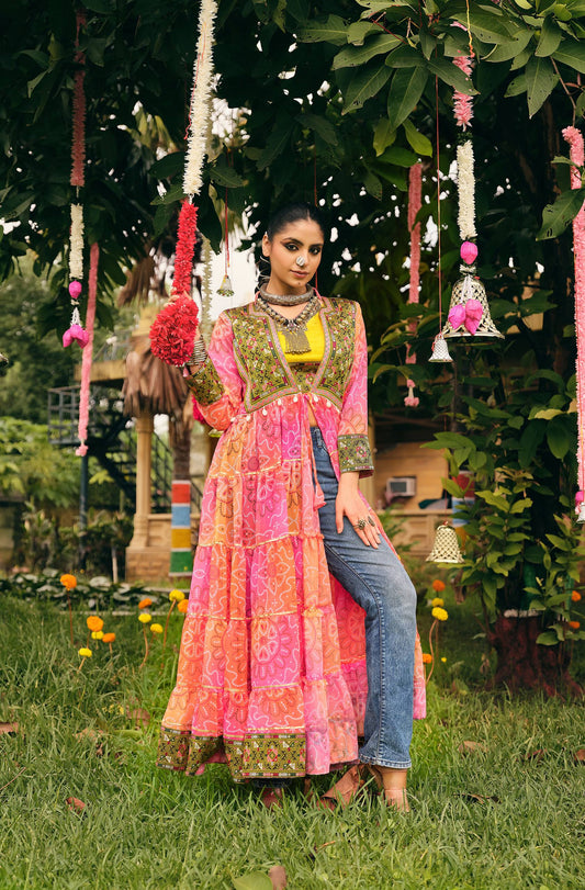 Pink and Orange Bandhani Embroidered Shrug with Yellow Crop Top For Navratri