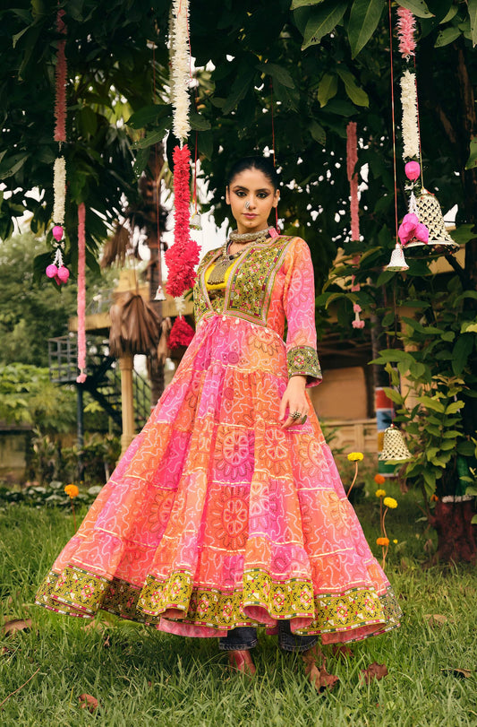 Pink and Orange Bandhani Embroidered Shrug with Yellow Crop Top For Navratri
