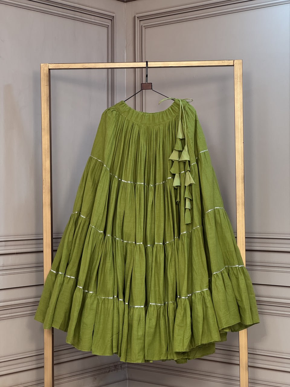 Navratri 12 Meter Kora Cotton Full Flare Layered Lehenga with Dori Latkan