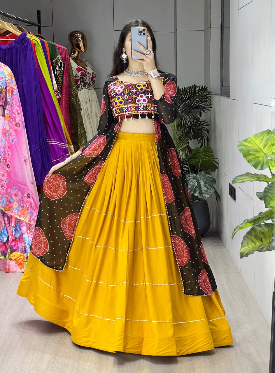 Designer Mustard Lehenga Choli with Black Bandhani Kurti for Garba & Dandiya