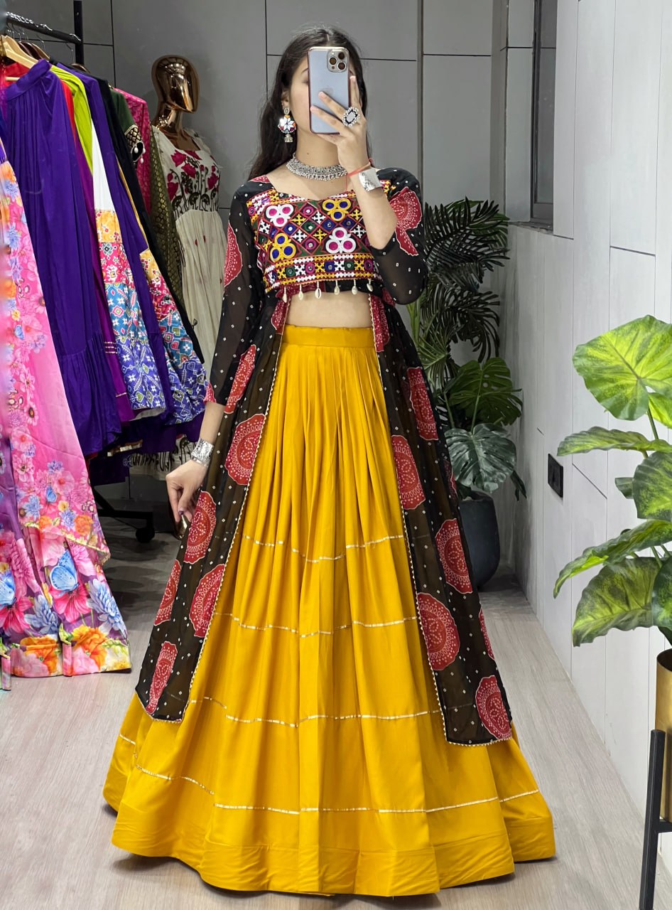 Designer Mustard Lehenga Choli with Black Bandhani Kurti for Garba & Dandiya