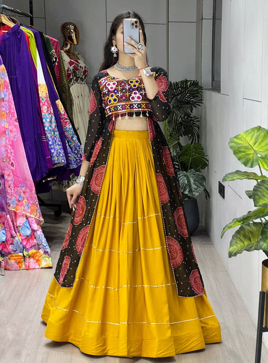 Designer Mustard Lehenga Choli with Black Bandhani Kurti for Garba & Dandiya