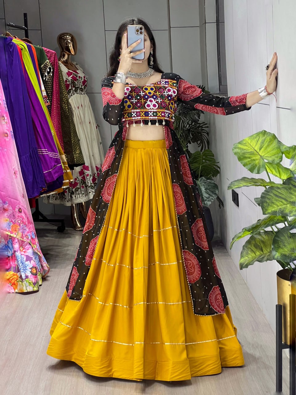 Designer Mustard Lehenga Choli with Black Bandhani Kurti for Garba & Dandiya