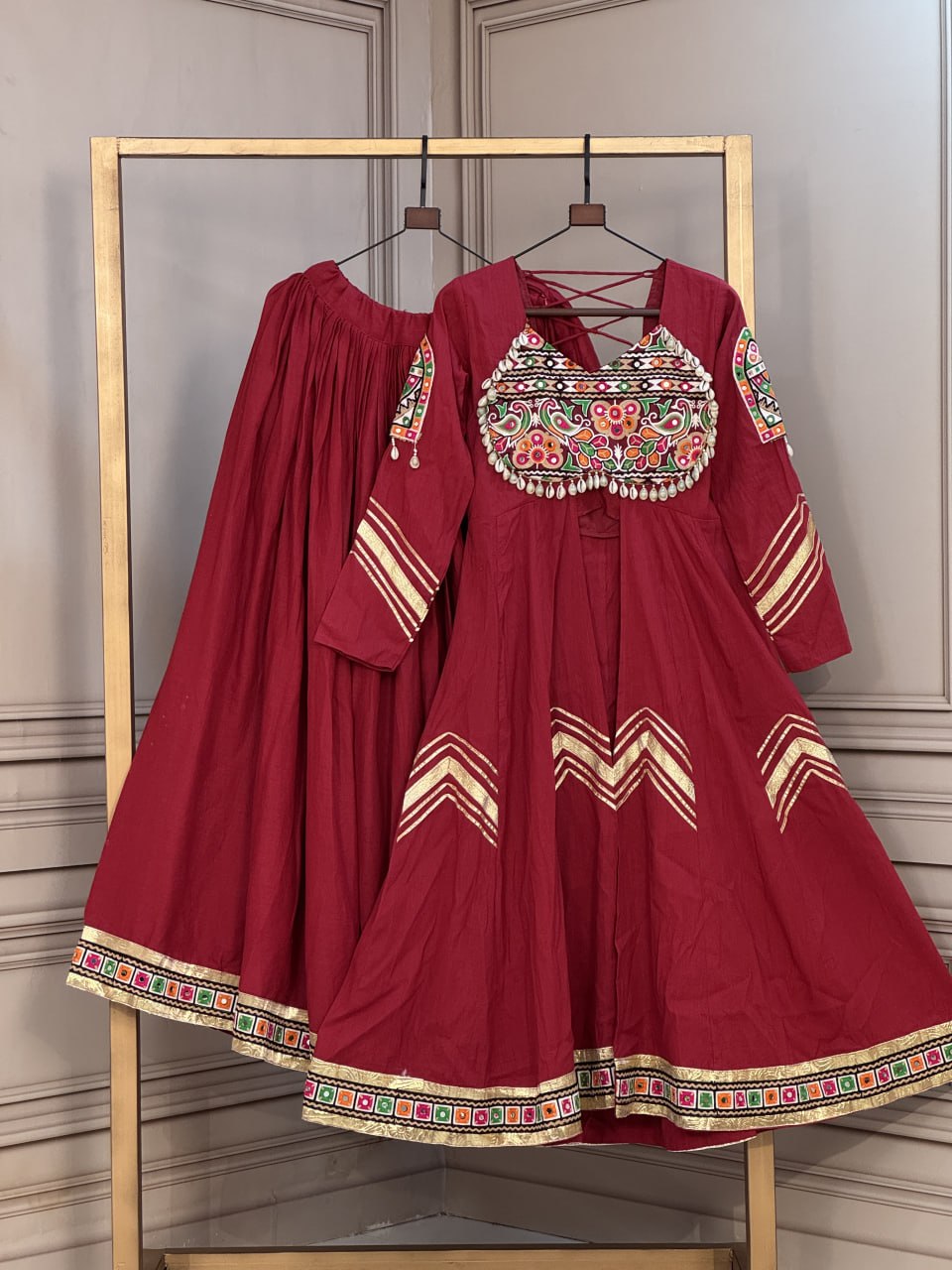 Navratri Lehenga with Kurti Style Top in Gamthi Mirror Work