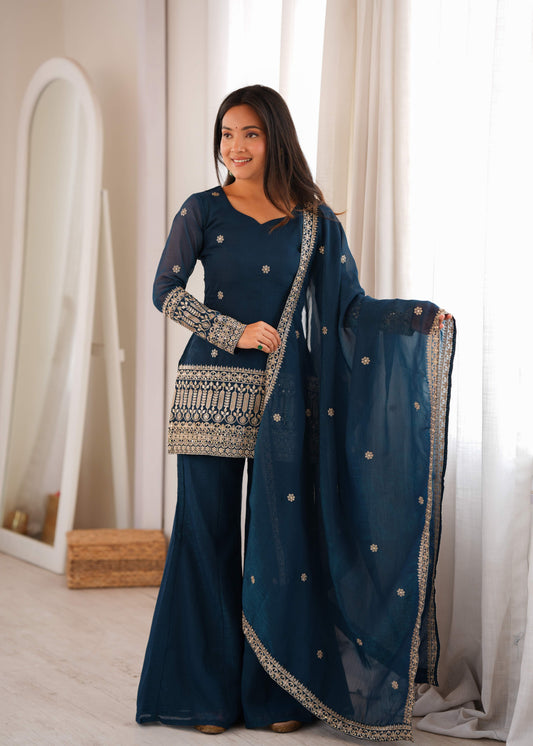 Teal Blue Designer Crunchy Silk Bell Bottom Suit with Embroidery Sequence & Zari Work