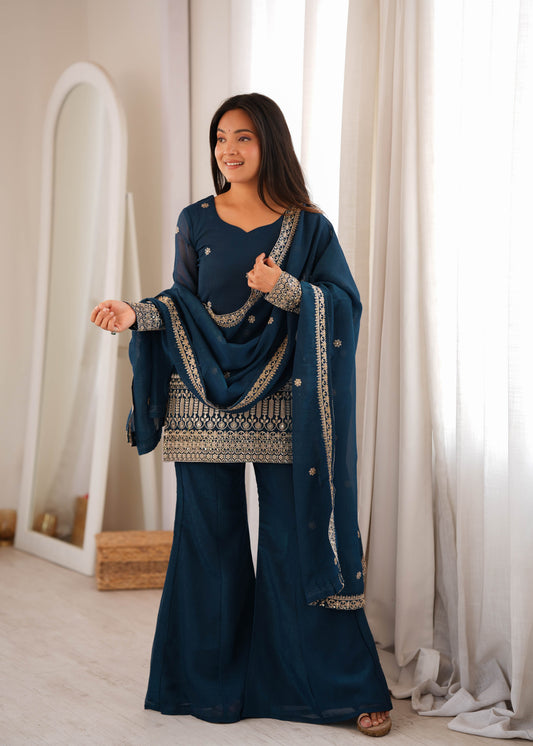 Teal Blue Designer Crunchy Silk Bell Bottom Suit with Embroidery Sequence & Zari Work