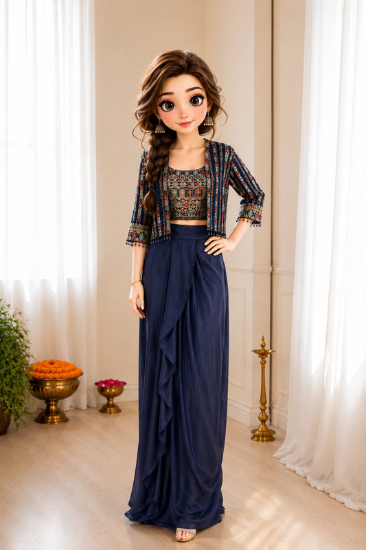 Navy Blue Printed Embroidery Work Indo Western Outfit