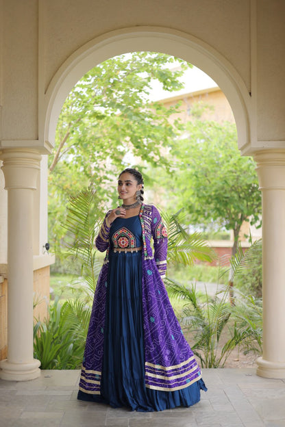 Navy Blue Rayon Lehenga Choli & Purple Bandhani Gamthi Patchwork Shrug