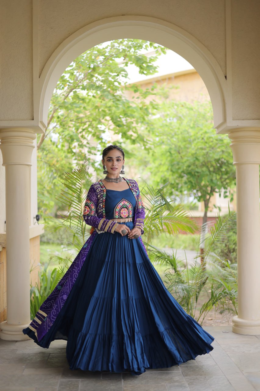 Navy Blue Rayon Lehenga Choli & Purple Bandhani Gamthi Patchwork Shrug