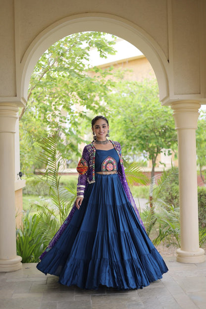 Navy Blue Rayon Lehenga Choli & Purple Bandhani Gamthi Patchwork Shrug
