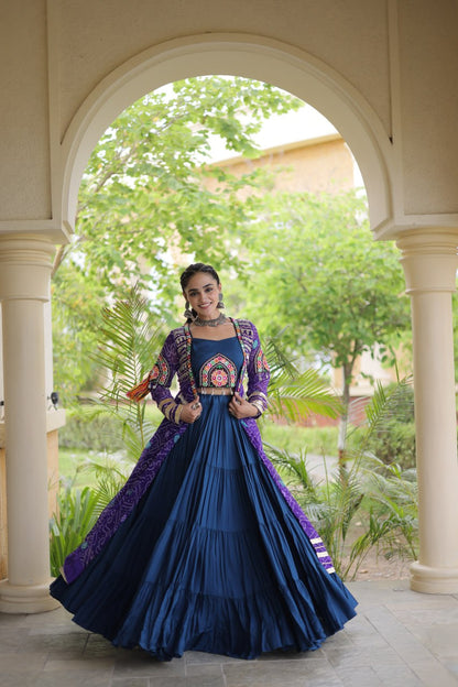 Navy Blue Rayon Lehenga Choli & Purple Bandhani Gamthi Patchwork Shrug