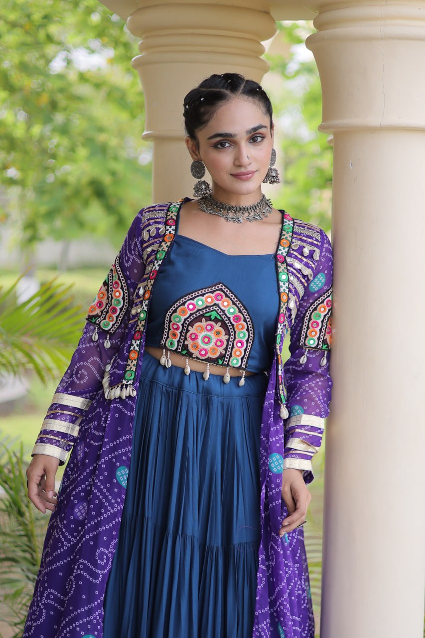 Navy Blue Rayon Lehenga Choli & Purple Bandhani Gamthi Patchwork Shrug