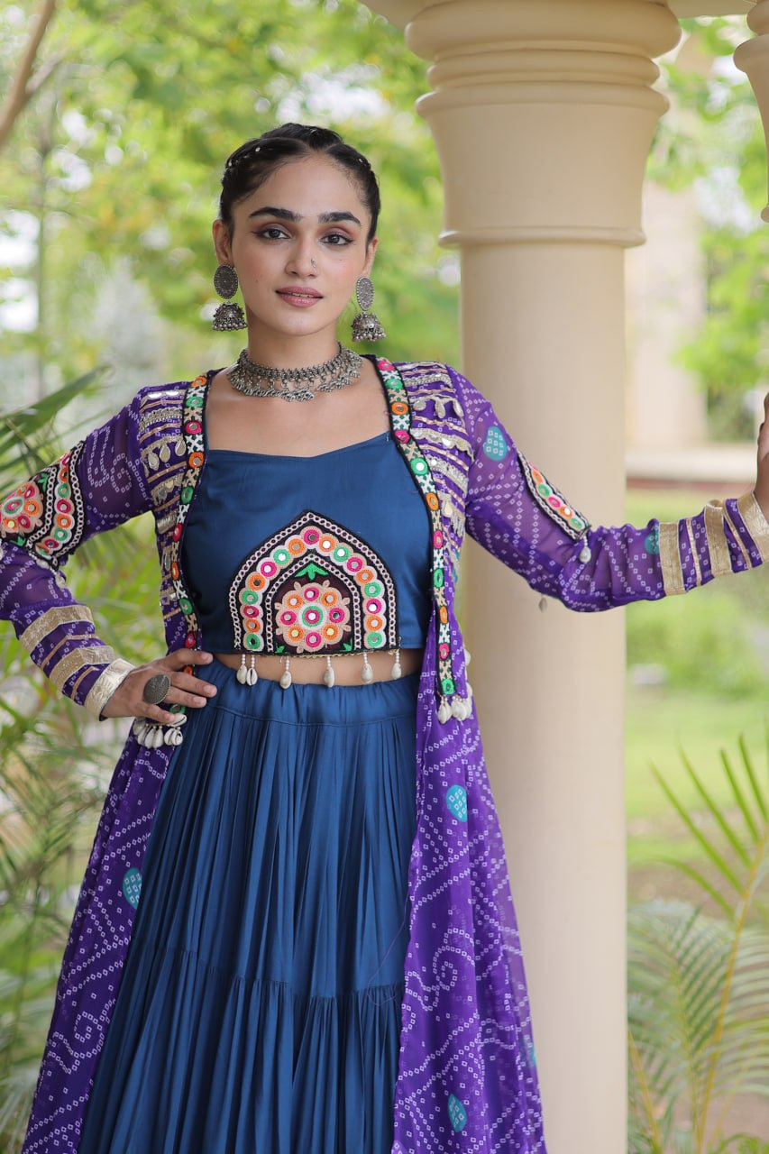 Navy Blue Rayon Lehenga Choli & Purple Bandhani Gamthi Patchwork Shrug
