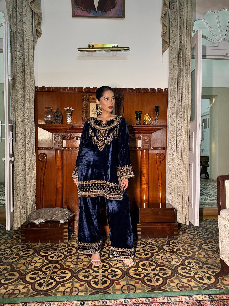 Navy Blue Velvet Kurta Palazzo Set with Heavy Embroidery