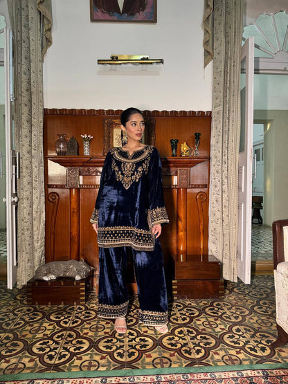 Navy Blue Velvet Kurta Palazzo Set with Heavy Embroidery