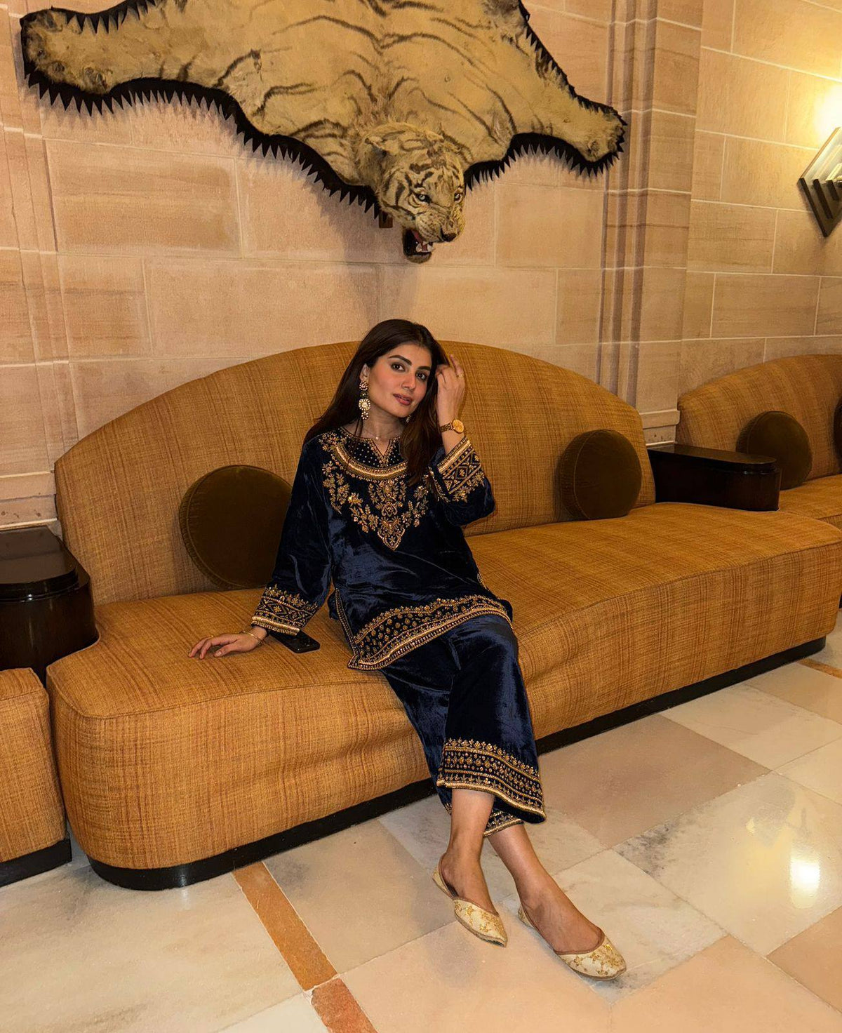 Navy Blue Velvet Kurta Palazzo Set with Heavy Embroidery