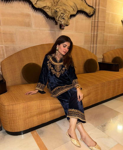 Navy Blue Velvet Kurta Palazzo Set with Heavy Embroidery