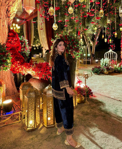 Navy Blue Velvet Kurta Palazzo Set with Heavy Embroidery