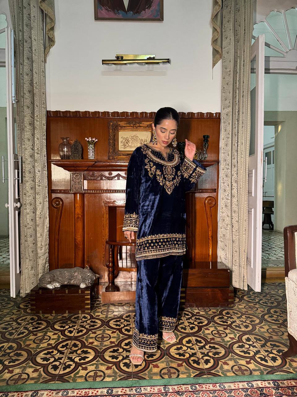 Navy Blue Velvet Kurta Palazzo Set with Heavy Embroidery